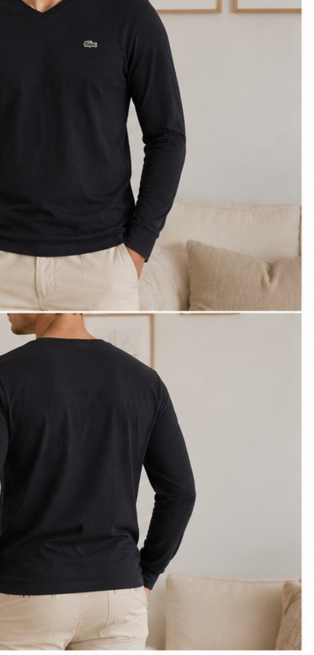 Lacoste Men’s Black Pima Cotton Long Sleeve V Neck T-Shirt Size L 6